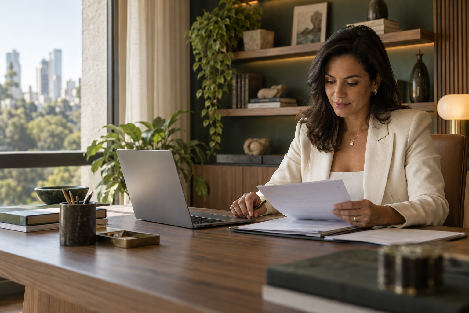 Advogada revisando documentos com atenção em um escritório iluminado por luz natural